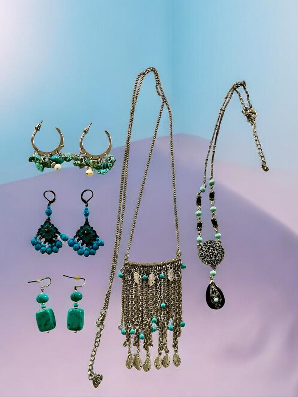 Turquoise and Silver Boho Multi-Piece Jewelry Set